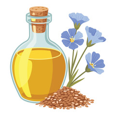 Glass bottle of golden flaxseed oil with flax flowers and seeds