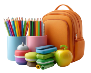 A stylish school bag filled with essential school supplies including notebooks, pencils, and a calculator, ready for students heading back to class for a productive year.