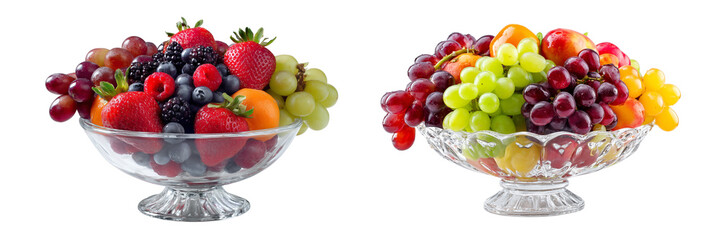 Set of a many fresh fruits in a glass bowl, isolated on transparent background. 