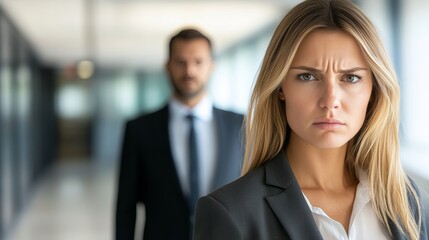 Distressed businesswoman in modern office, facing potential conflict with blurred man in background.