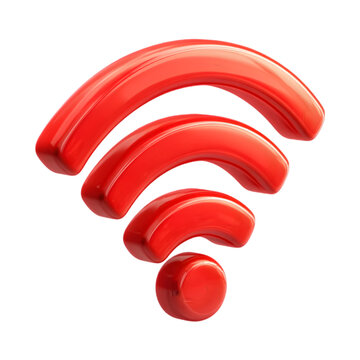 Vibrant glossy red three dimensional wi fi symbol emitting signal waves representing wireless internet connectivity and technology isolated on transparent background