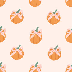 Preppy coquette seamless pattern with pink bowknots and cute orange pumpkins. Autumn elegance design. Vintage cottagecore print for fabric, wallpaper or wrapping paper
