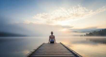 Fototapeta premium Serene Moment on Dock at Sunrise Over Calm Lake with Mist