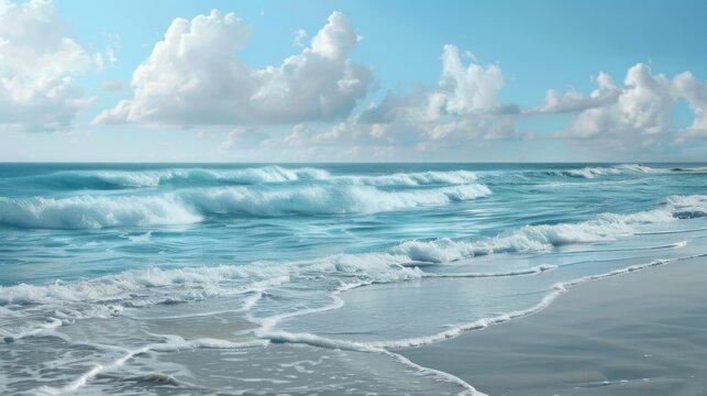 A scenic view of ocean waves crashing on the shore under a bright blue sky with fluffy white clouds