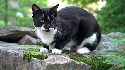 Eye Level Portrait of a Tuxedo Cat Relaxing on a Mossy Stone Featuring Black and White Markings and Greenery Perfect for Decoration and International Cat Day Symbolism in Natural Lighting