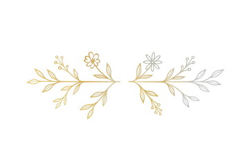 金銀グラデーションの草花飾り罫線 ー 白背景に繊細なボタニカルの左右対称ライン。見出しの区切りや招待状、ウェディング、メニュー、名刺など上品なデザインに。Webの装飾に最適。
