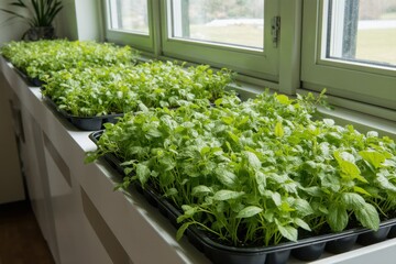 Hydroponic microgreens vertically arranged in sleek white trays on a bright kitchen wall, sunlight streaming in, symbolizing fresh nutrition, health, and eco-friendly eating.

