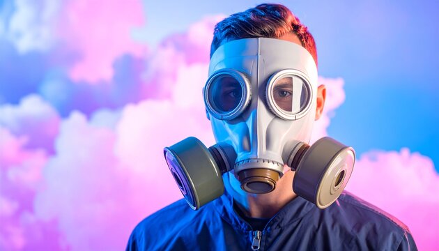 A young man with short brown hair stares directly at the camera, wearing a white gas mask against a vibrant pink and blue cloudy backdrop