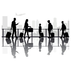 Airport travel people silhouette with luggage waiting for flight departure at the terminal gate area on transparent background