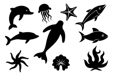 Nine black silhouette vector marine life icons including dolphin, octopus, sea turtle, jellyfish, coral, shark, fish, sea star, and seahorse on white background