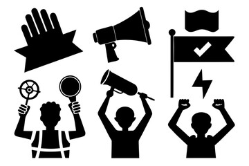 Obraz premium Set of six black silhouette vector protest symbols including raised fist, megaphone, placard, banner, broken chain, and march icon on a white background