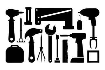 Eight silhouette vector illustrations of construction hand tools like hammer, wrench, screwdriver, tape measure, pliers, saw, chisel, and drill on white background
