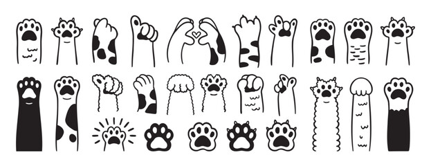 Paw doodle. cute cats paws hand drawn icon set. Outline drawing paws pet line clipart symbol collection © Yanka
