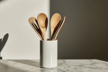 Eco kitchen utensils set in a ceramic holder on a marble countertop, daylight, minimalist kitchen decor