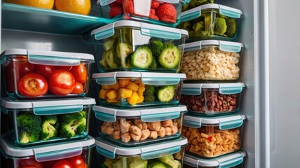 A row of clear food containers filled with vibrant vegan dishes stacked neatly 