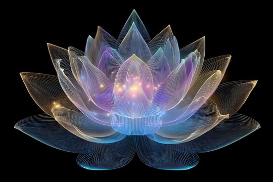 Ethereal lotus flower unfolds with luminous, delicate lines in vibrant, magical colors.