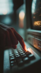 A close-up of a hand pressing keys on an illuminated vintage computer keyboard, highlighting nostalgic technology use.