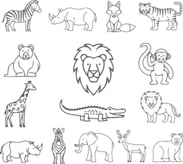 Obraz premium Animals Line Icons – Lion, Elephant, Monkey, Fox, Giraffe, Zebra
