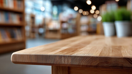 Empty rustic wooden surface with rich grain texture facing out-of-focus library shelves in warm ambient light, creating perfect academic atmosphere for intellectual or publishing visuals

