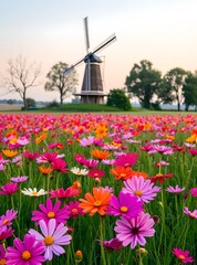 Colorful Wildflower Field with Windmill at Sunset, AI Generated Landscape