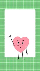 Cute Pink Heart Hand-Drawn Character Raising Hand Asking for Attention or Making Question Gesture on Green Math Paper Background with Box for Copy, Text Space - video also available
