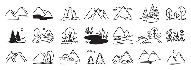 Mountains landscapes nature with pine forest, river, mount and hills doodle hand drawn icon set. Outline drawing rocky horizon environment line clipart symbol collection. 