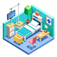 Obraz premium Isometric hospital room with medical equipment and patient bed