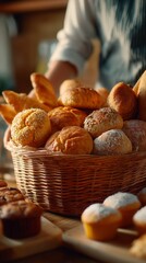 A wicker basket filled with a variety of freshly baked bread, featuring different textures and seeds, creating a warm, inviting scene.