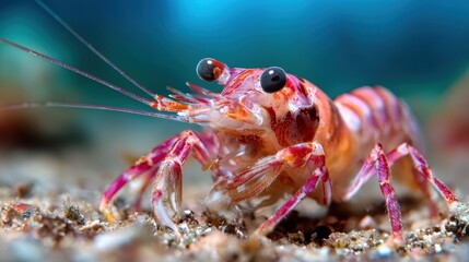 A stunning close-up of a vibrant shrimp showcasing intricate details of its structure, representing the beauty of marine life and the wonders of underwater ecosystems.