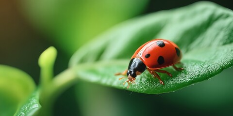 Vibrant Red Ladybug Resting on Green Leaf in Macro Close-Up with Blurred Background Highlighting Nature’s Tiny Details