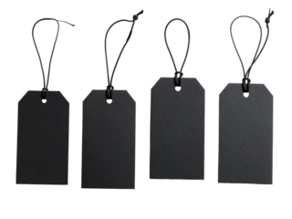 Four black tags with strings on white for price, and product labels, ideal for retail, pricing, sales, or marketing concepts.