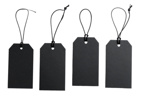 Four black tags with strings on white for price, and product labels, ideal for retail, pricing, sales, or marketing concepts.