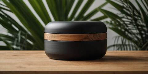 Black and wood container with green foliage background natural