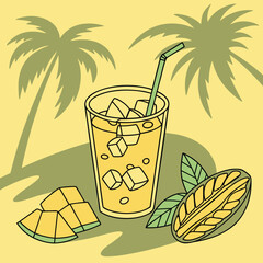 Flat Design Mango Iced Coffee with Tropical Garnish – Palm Shadows and Refreshing Summer Color Palette