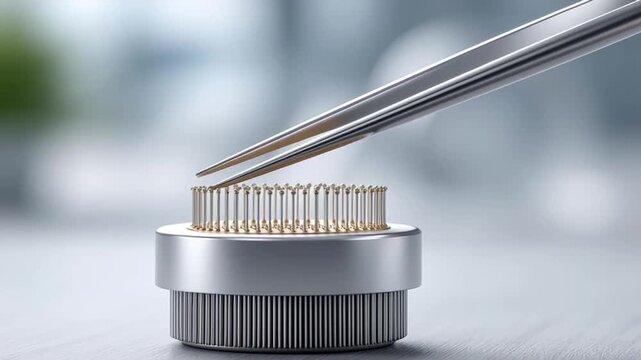AI chip prototype with metal pins held by tweezers demonstrating advanced technology and precision engineering clean environment for innovation