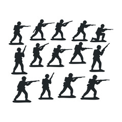 Fototapeta premium Toy soldier silhouettes in various poses. Vector illustration