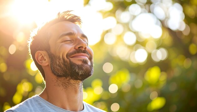 A man smiles serenely, eyes closed, basking in sunlight amidst a bokeh of green foliage
