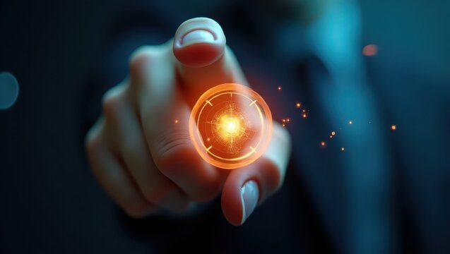 Hand pointing at a glowing, holographic target. - Powered by Adobe