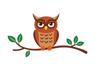 Fototapeta premium Brown owl on branch with green leaves