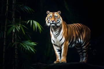 Obraz premium Tiger in Shadowed Jungle – Bold Predator Amid Bamboo and Darkness 