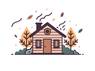 Cozy wooden cabin with autumn trees and falling leaves