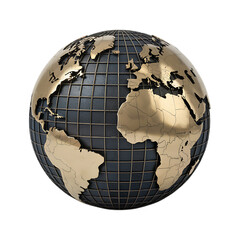 3D rendering of a metallic globe with gold continents and a dark grid.  Global business, world map, international concept.