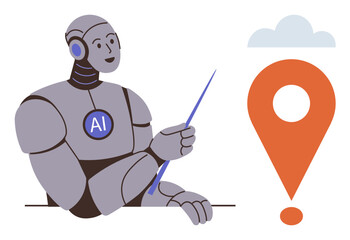 Humanoid robot holding pointer, explaining the location concept with a map pointer and cloud. Ideal for artificial intelligence, navigation, education, geolocation, technology, future, data