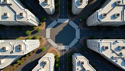Aerial view of a city intersection with high-rise buildings.