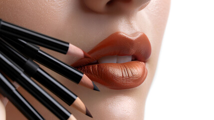 Close up of a woman applying lip liner to her lips with multiple pencils in the foreground view .