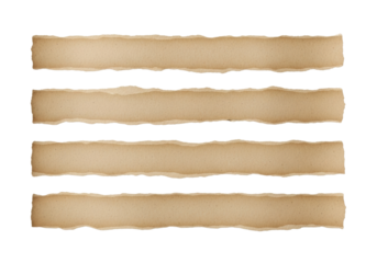 Multiple horizontal strips of aged, light brown paper with torn, rough edges and textured, discolored surface, resembling old newsprint, on a clean white background with copy space, top-down view.
