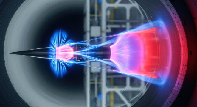 Visualization of shock waves and plasma generated within a supersonic flow in hypersonic wind tunnel test section for scramjet engine optimization.