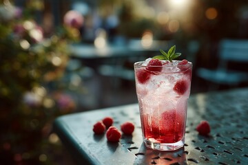 Chilled raspberry cocktail with ice and mint on an outdoor table, capturing a sunny, relaxing summer afternoon.