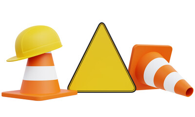Empty traffic signs, traffic cones, and safety helmets
3D rendering