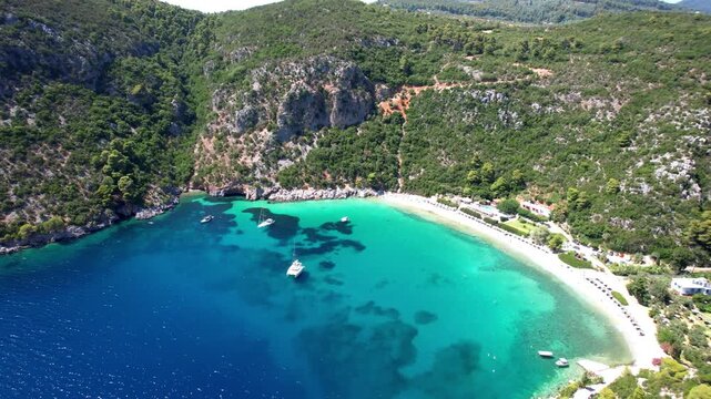 Cinematic Emerald Bay Paradise &mdash; Aerial View of Limnonari Beach, Skopelos Island. Mamma Mia Movie Location, Greece.